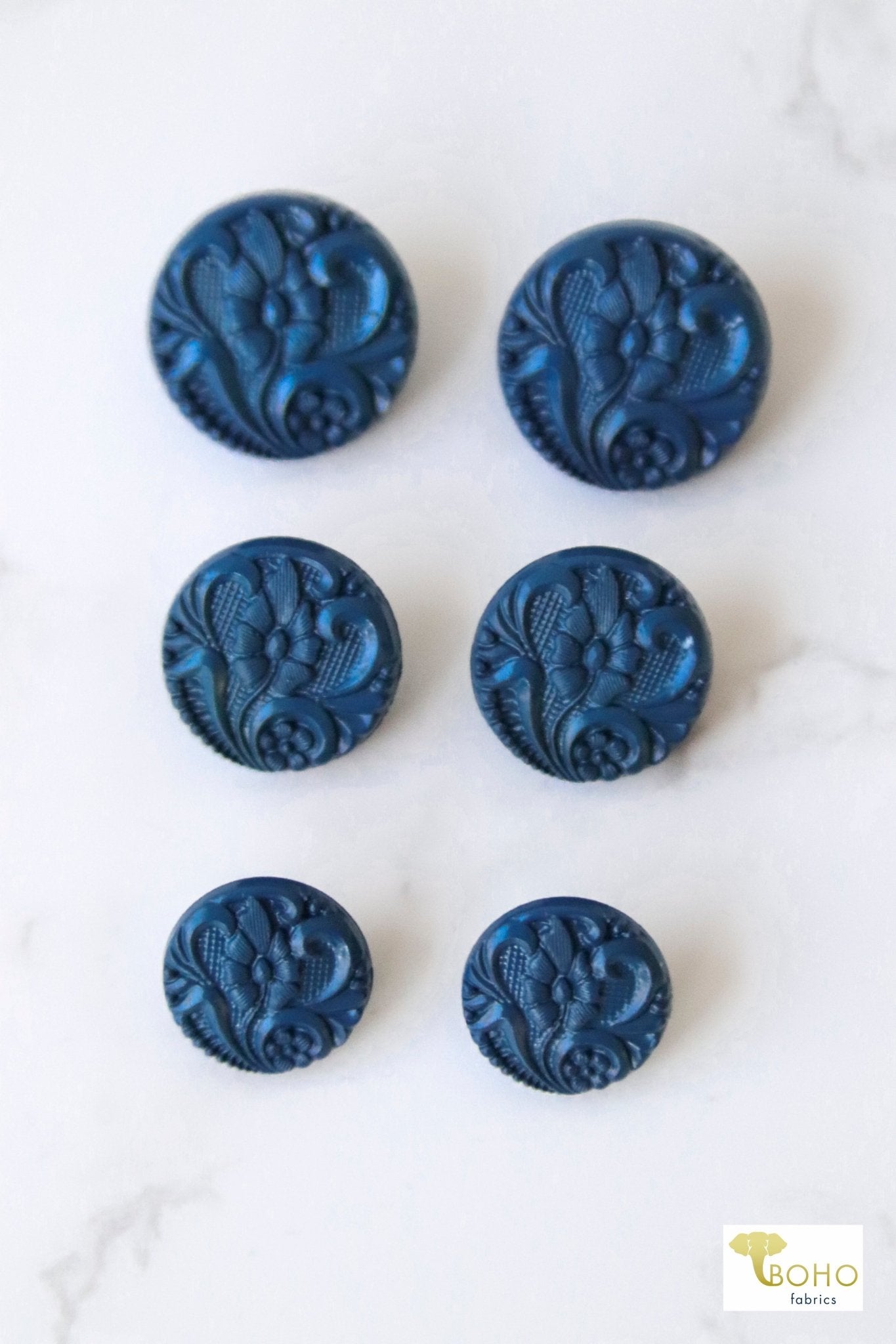 Cerulean Blue Art Nouveau Florals, Shank Buttons. Available in 15mm, 18mm, 20mm, 25.5mm - Boho Fabrics