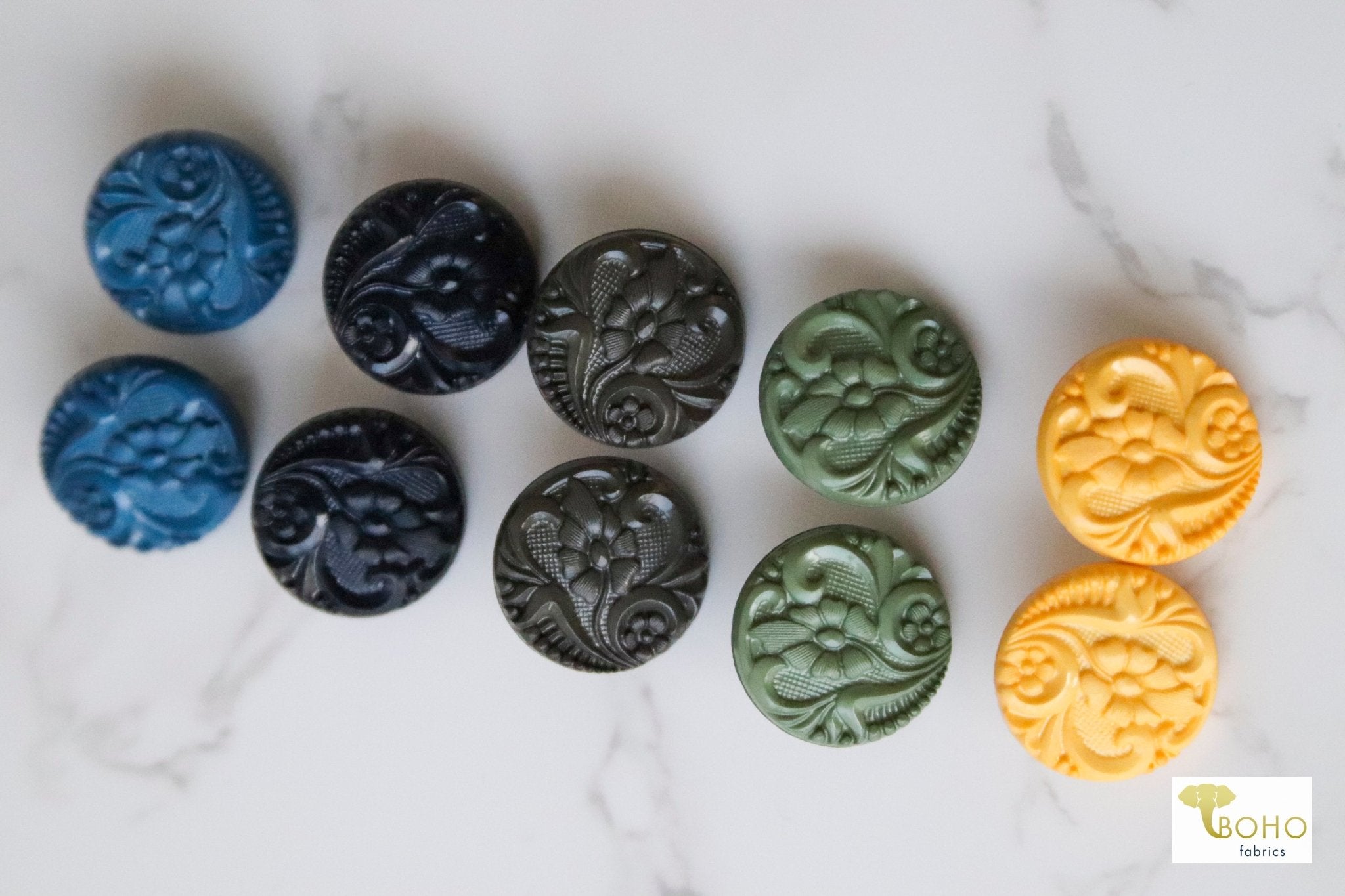 Cerulean Blue Art Nouveau Florals, Shank Buttons. Available in 15mm, 18mm, 20mm, 25.5mm - Boho Fabrics