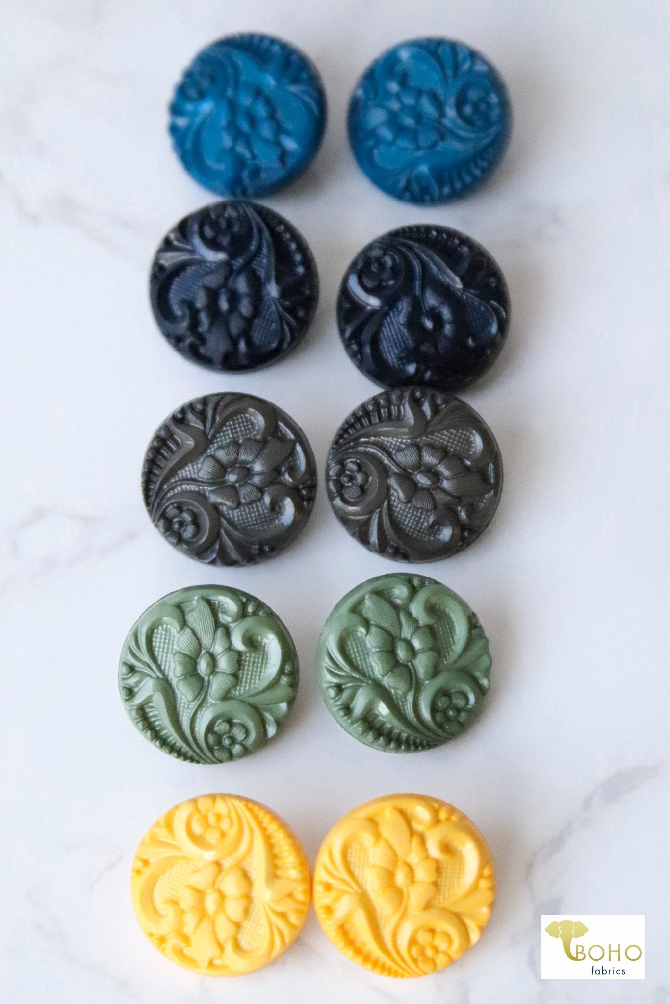 Cerulean Blue Art Nouveau Florals, Shank Buttons. Available in 15mm, 18mm, 20mm, 25.5mm - Boho Fabrics