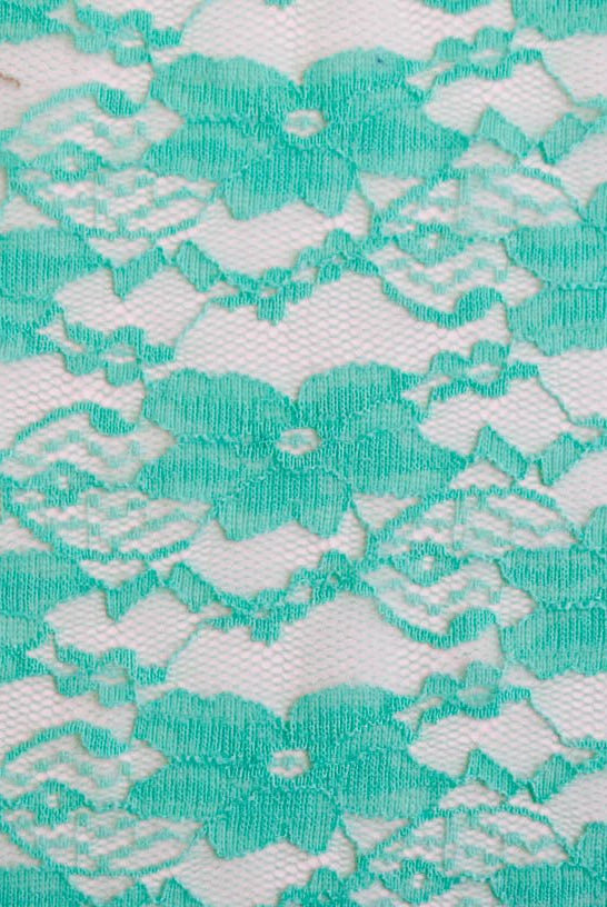 "Chain Flowers" in Aqua. Stretch Lace. SL-109-AQA. - Boho Fabrics