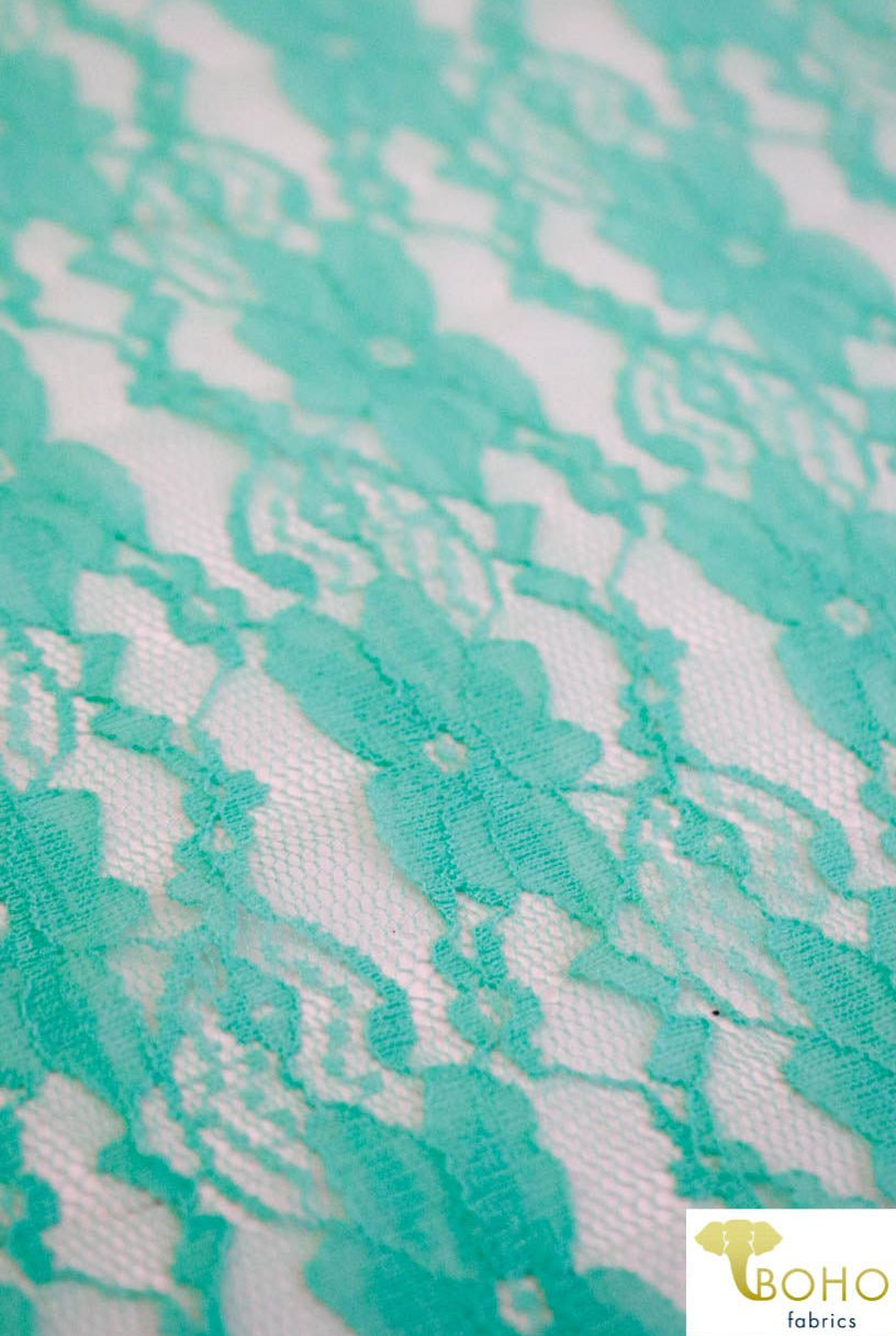 "Chain Flowers" in Aqua. Stretch Lace. SL-109-AQA. - Boho Fabrics