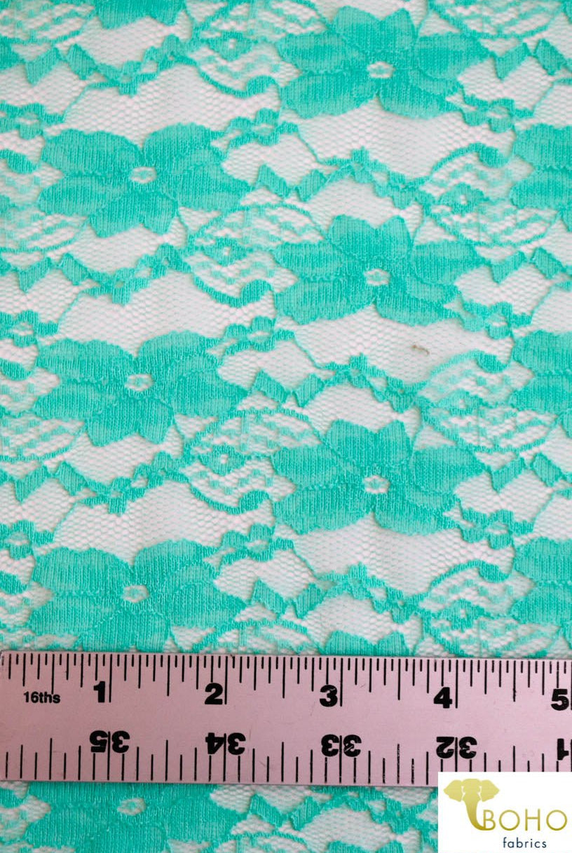 "Chain Flowers" in Aqua. Stretch Lace. SL-109-AQA. - Boho Fabrics
