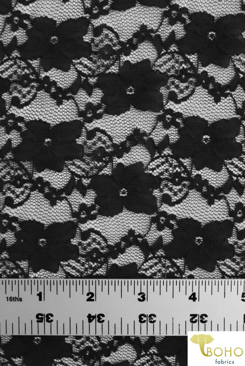 "Chain Flowers" in Black. Stretch Lace. SL-109-BLK. - Boho Fabrics