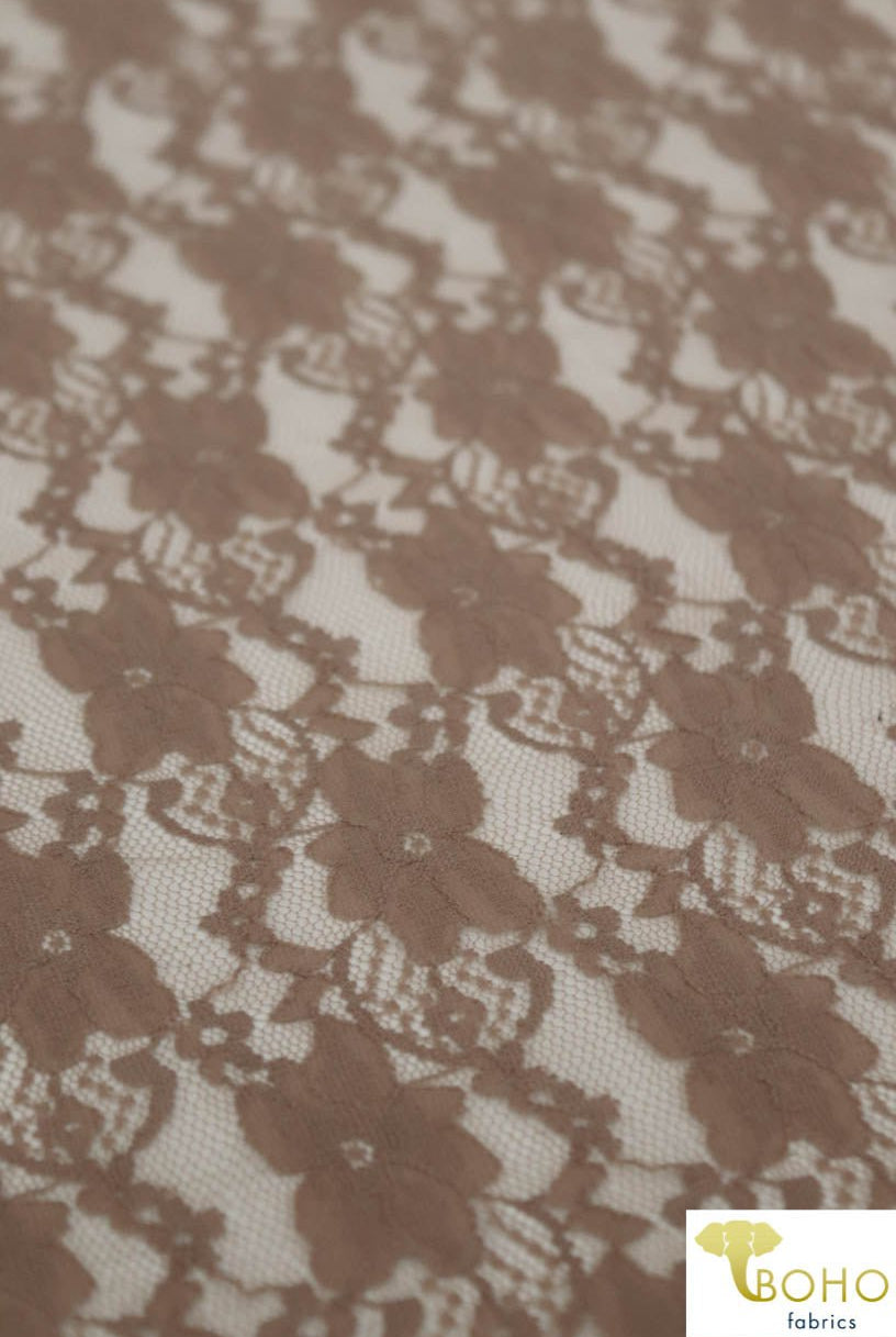 "Chain Flowers" in Brown. Stretch Lace. SL-109-BRWN. - Boho Fabrics