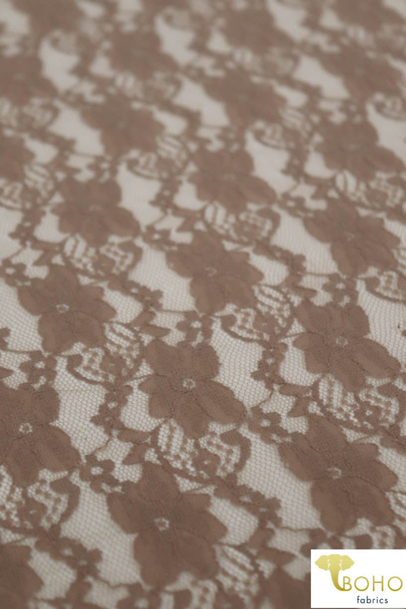 "Chain Flowers" in Brown. Stretch Lace. SL-109-BRWN. - Boho Fabrics