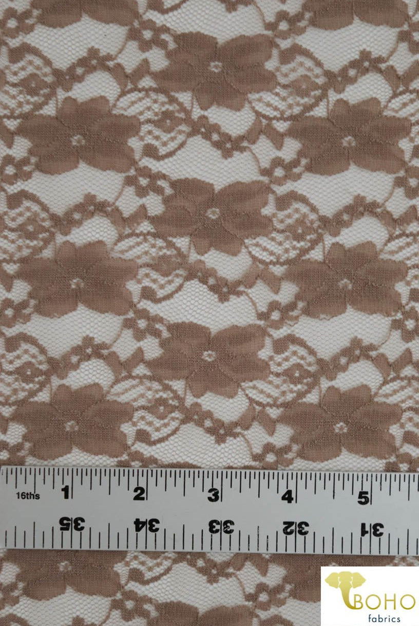 "Chain Flowers" in Brown. Stretch Lace. SL-109-BRWN. - Boho Fabrics