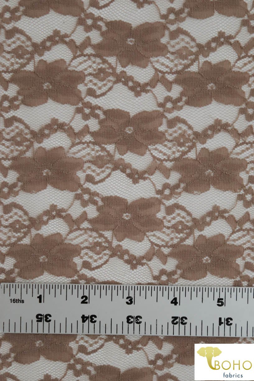 "Chain Flowers" in Brown. Stretch Lace. SL-109-BRWN. - Boho Fabrics