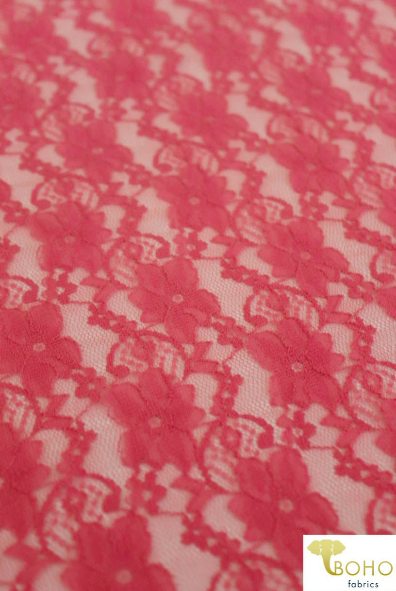 "Chain Flowers" in Flamingo. Stretch Lace. SL-109-PNK. - Boho Fabrics