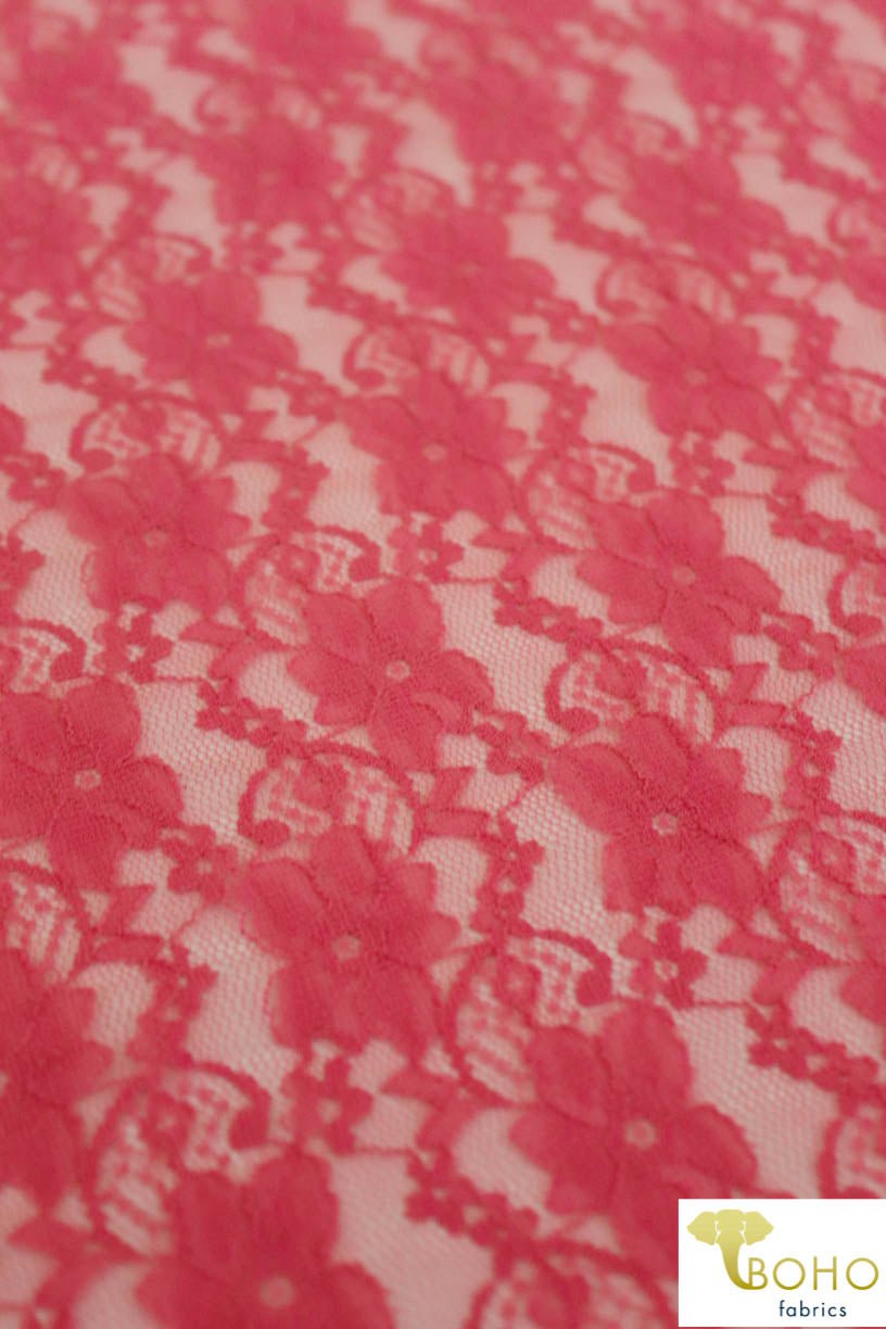 "Chain Flowers" in Flamingo. Stretch Lace. SL-109-PNK. - Boho Fabrics