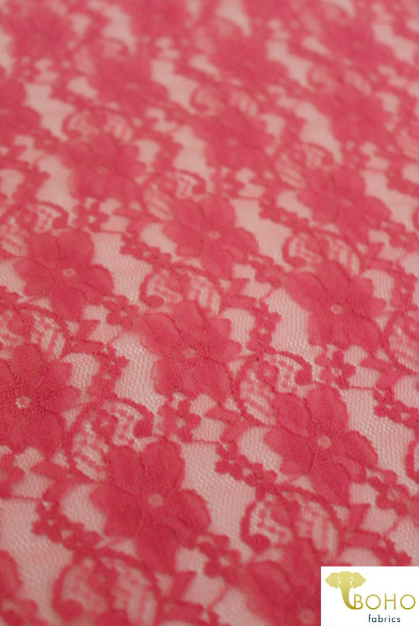 "Chain Flowers" in Flamingo. Stretch Lace. SL-109-PNK. - Boho Fabrics