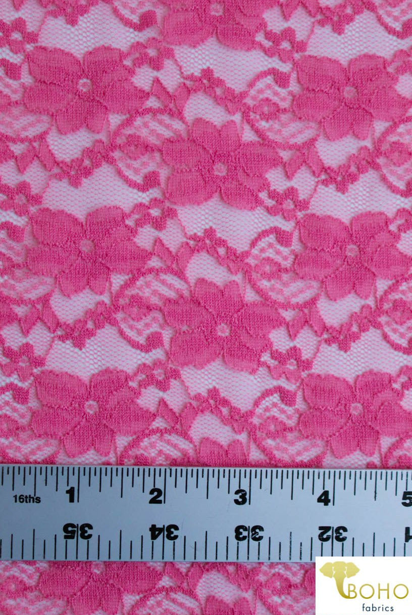 "Chain Flowers" in Hot Pink. Stretch Lace. SL-109-HP. - Boho Fabrics
