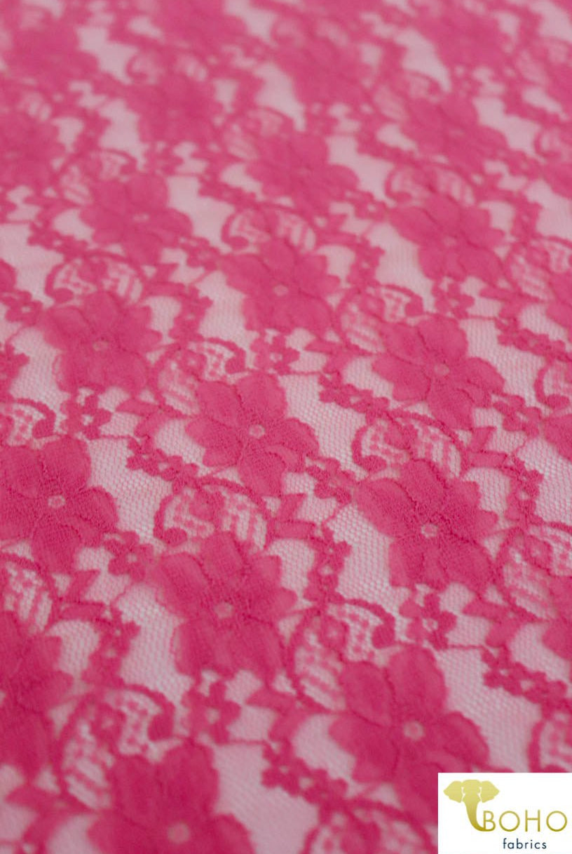 "Chain Flowers" in Hot Pink. Stretch Lace. SL-109-HP. - Boho Fabrics