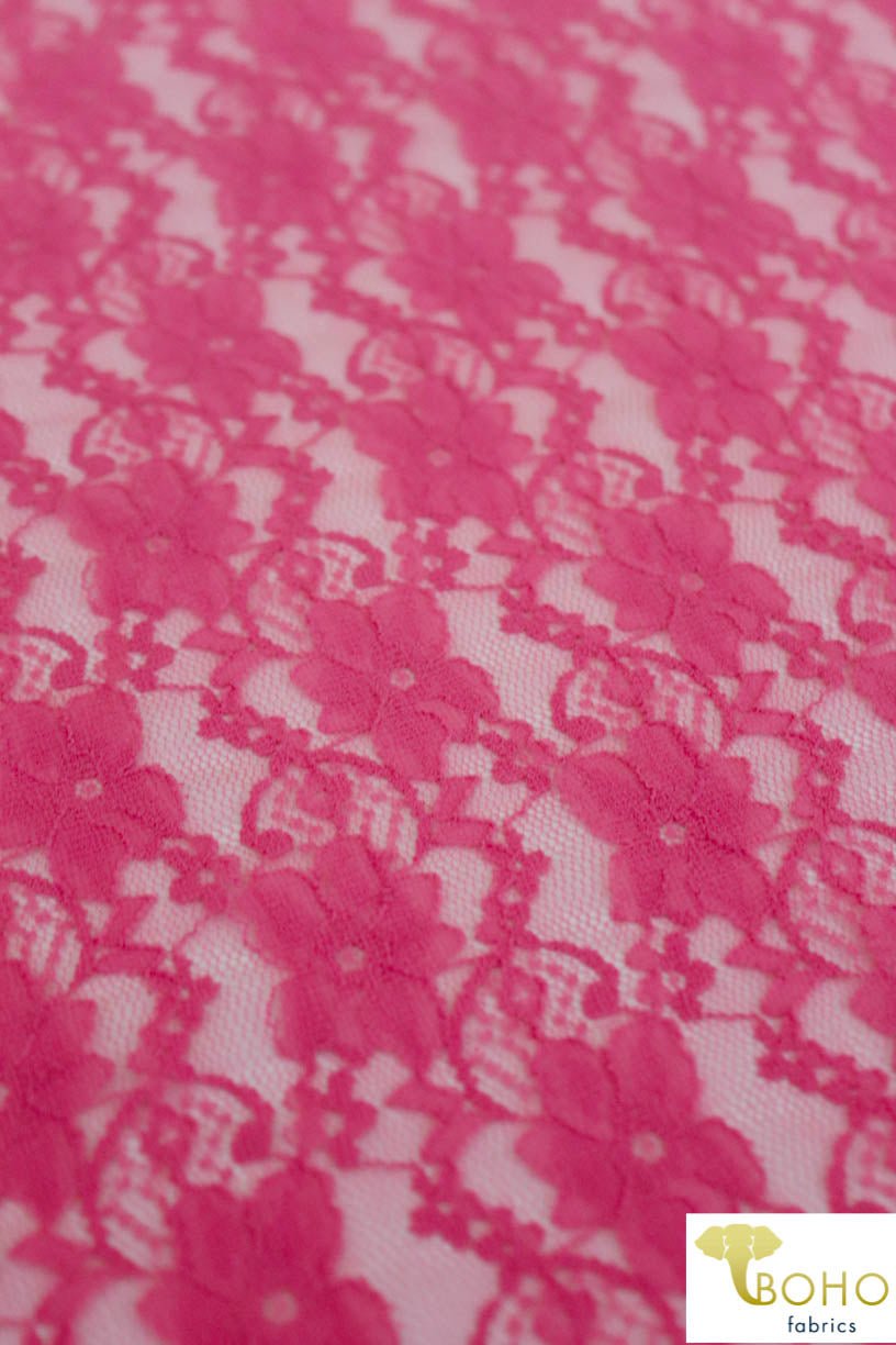 "Chain Flowers" in Hot Pink. Stretch Lace. SL-109-HP. - Boho Fabrics