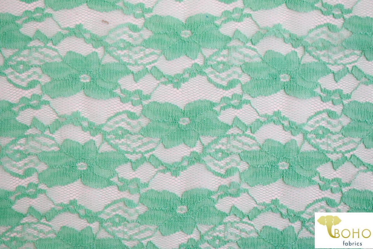 "Chain Flowers" in Icy Mint. Stretch Lace. SL-109-MNT. - Boho Fabrics