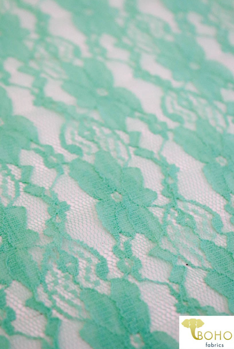 "Chain Flowers" in Icy Mint. Stretch Lace. SL-109-MNT. - Boho Fabrics