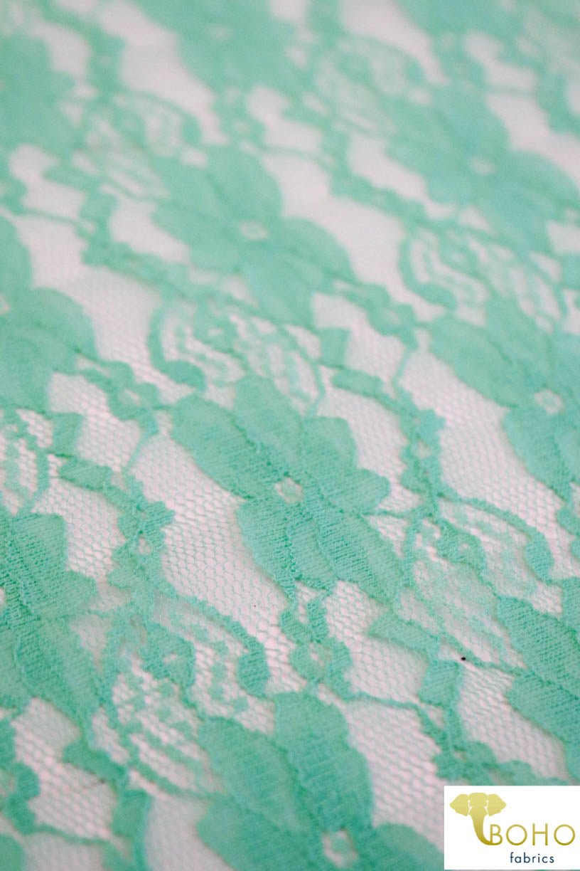 "Chain Flowers" in Icy Mint. Stretch Lace. SL-109-MNT. - Boho Fabrics