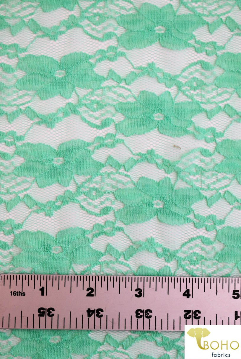 "Chain Flowers" in Icy Mint. Stretch Lace. SL-109-MNT. - Boho Fabrics