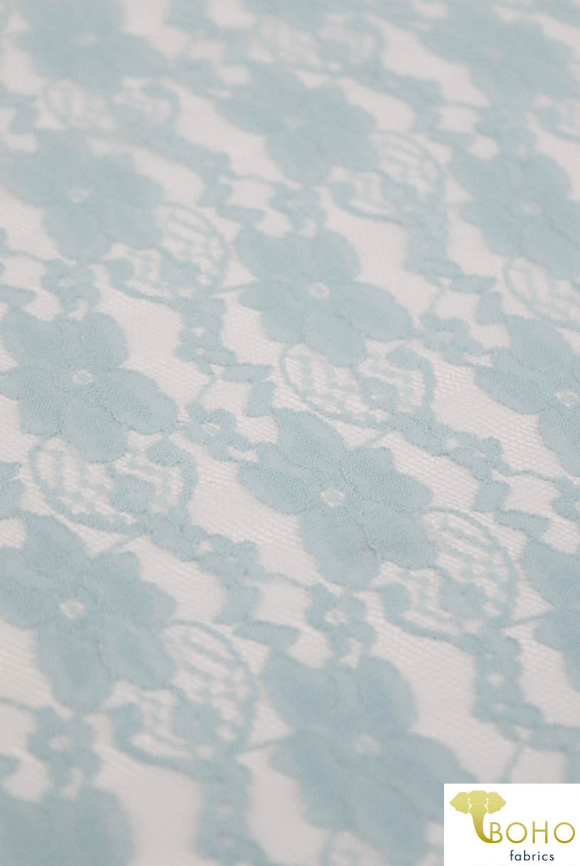 "Chain Flowers" in Light Blue. Stretch Lace. SL-109-BLU. - Boho Fabrics