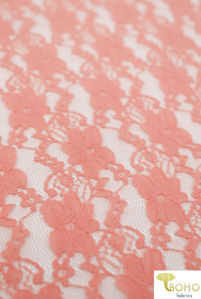 "Chain Flowers" in Peach. Stretch Lace. SL-109-PCH. - Boho Fabrics