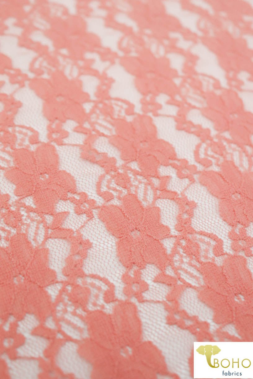 "Chain Flowers" in Peach. Stretch Lace. SL-109-PCH. - Boho Fabrics