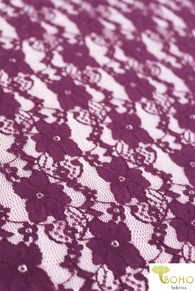 "Chain Flowers" in Plum Purple. Stretch Lace. SL-109-PURP. - Boho Fabrics
