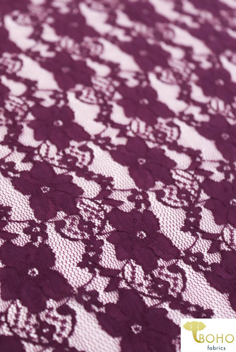"Chain Flowers" in Plum Purple. Stretch Lace. SL-109-PURP. - Boho Fabrics
