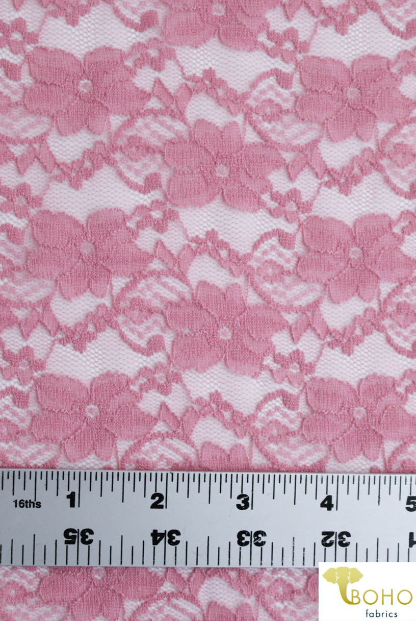 "Chain Flowers" in Rose. Stretch Lace. SL-109-RSE. - Boho Fabrics