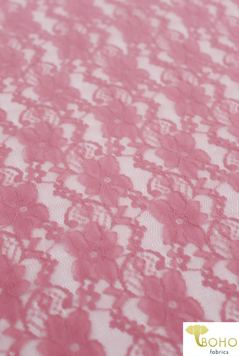 "Chain Flowers" in Rose. Stretch Lace. SL-109-RSE. - Boho Fabrics
