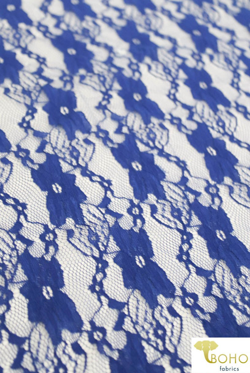 "Chain Flowers" in Royal Blue. Stretch Lace. SL-109-RYLB. - Boho Fabrics