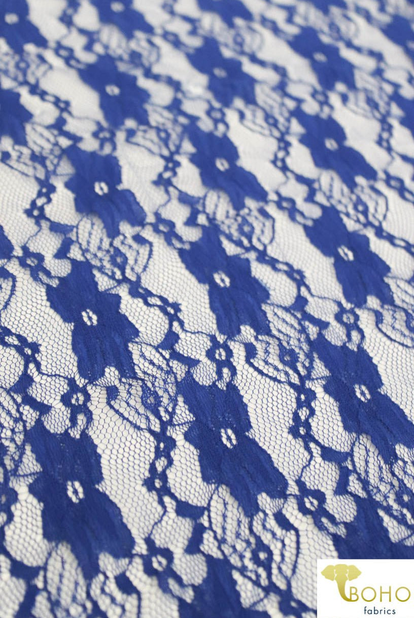 "Chain Flowers" in Royal Blue. Stretch Lace. SL-109-RYLB. - Boho Fabrics