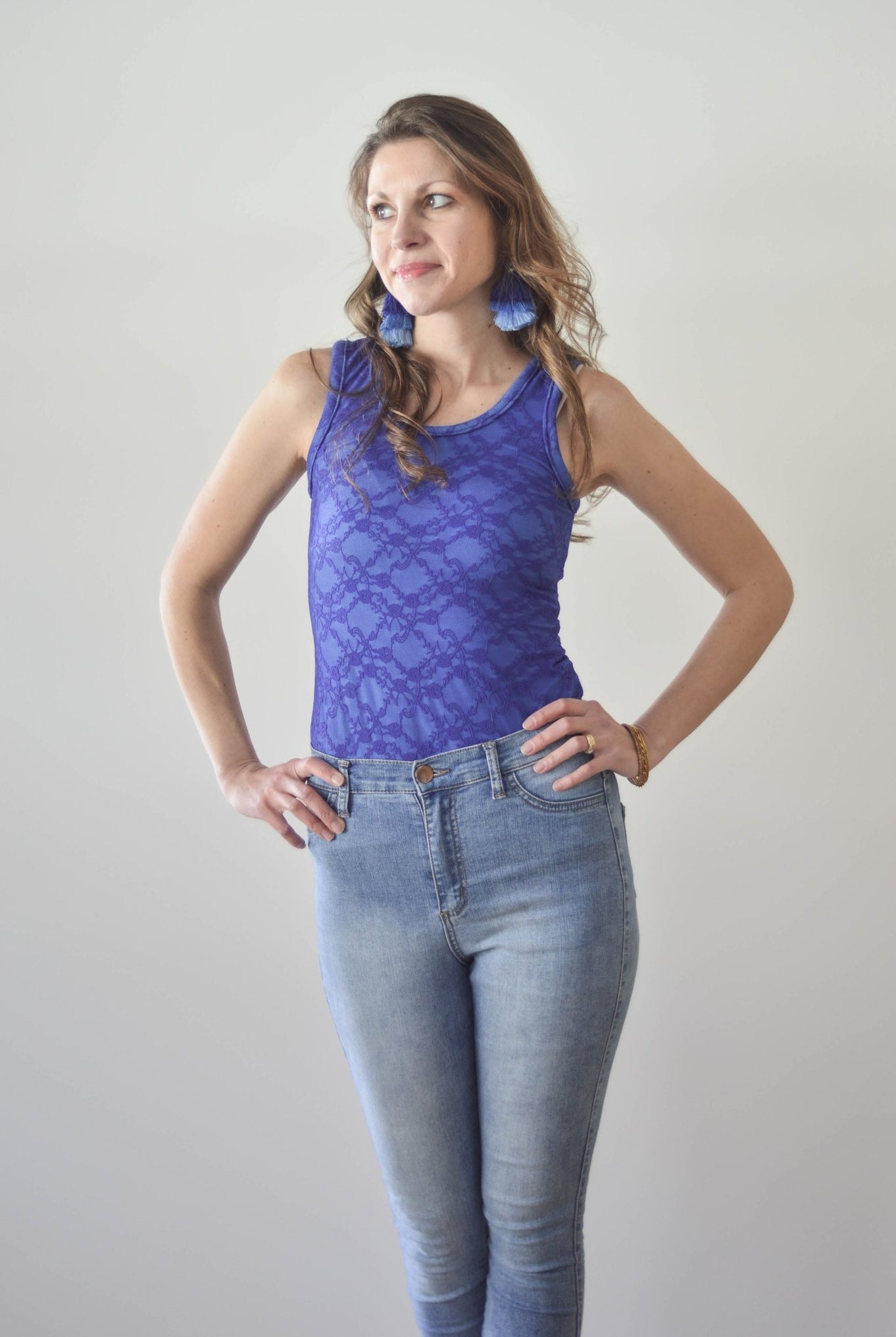 "Chain Flowers" in Royal Blue. Stretch Lace. SL-109-RYLB. - Boho Fabrics