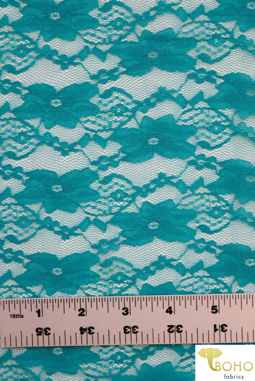 "Chain Flowers" in Teal. Stretch Lace. SL-109-TEAL. - Boho Fabrics