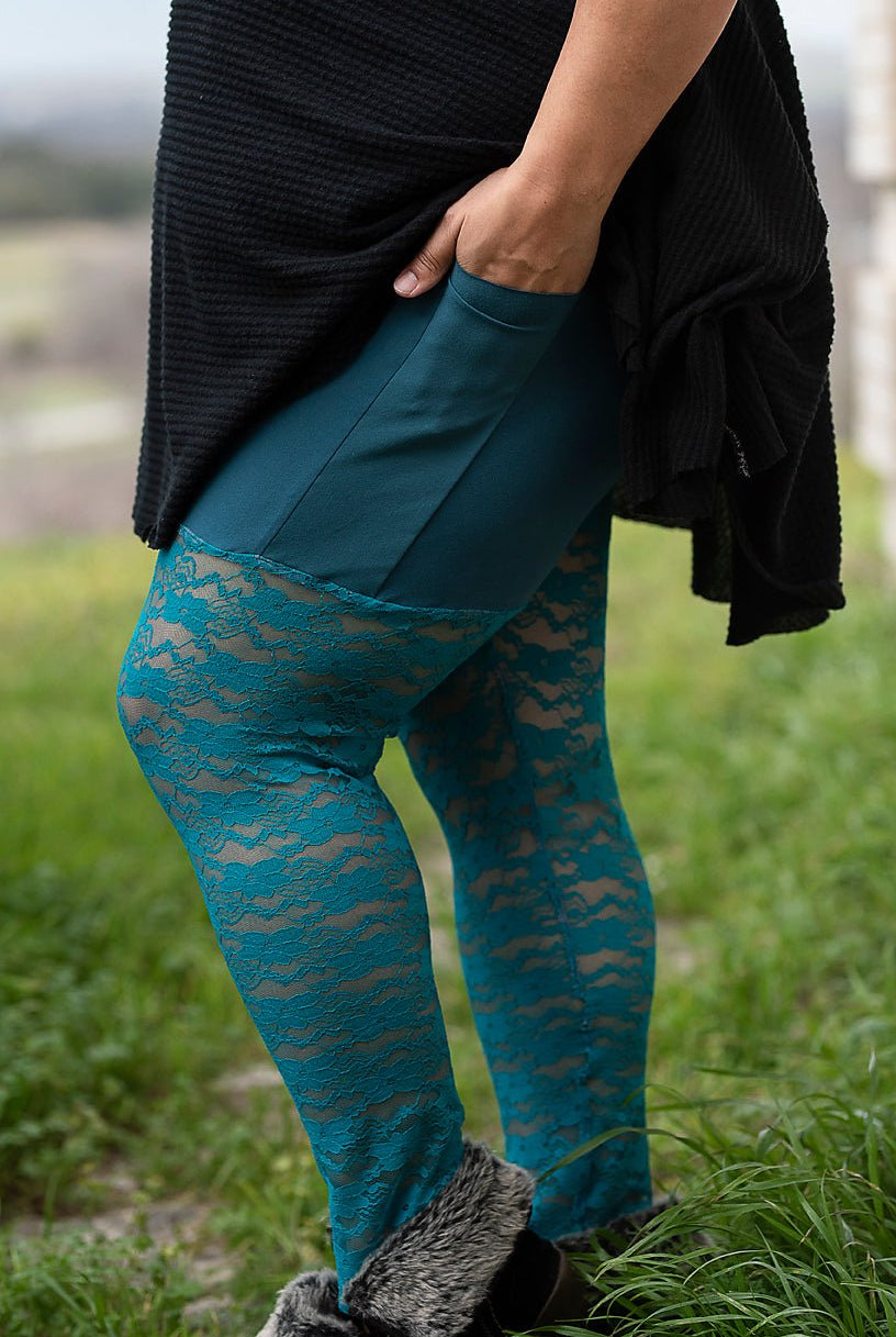 "Chain Flowers" in Teal. Stretch Lace. SL-109-TEAL. - Boho Fabrics