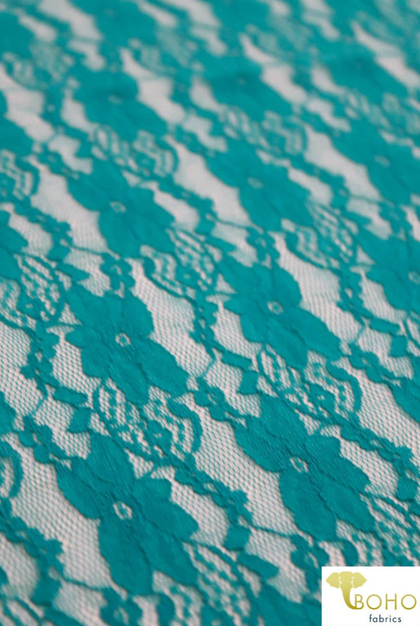 "Chain Flowers" in Teal. Stretch Lace. SL-109-TEAL. - Boho Fabrics
