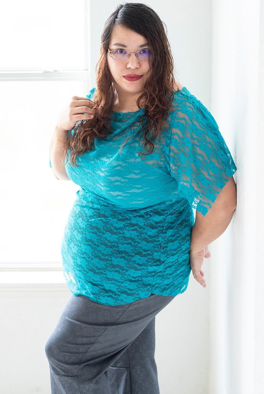 "Chain Flowers" in Teal. Stretch Lace. SL-109-TEAL. - Boho Fabrics