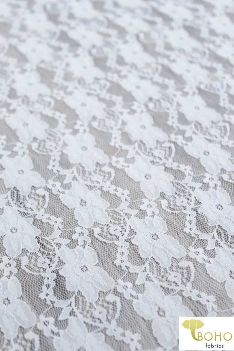 "Chain Flowers" in White. Stretch Lace. SL-109-WHT. - Boho Fabrics