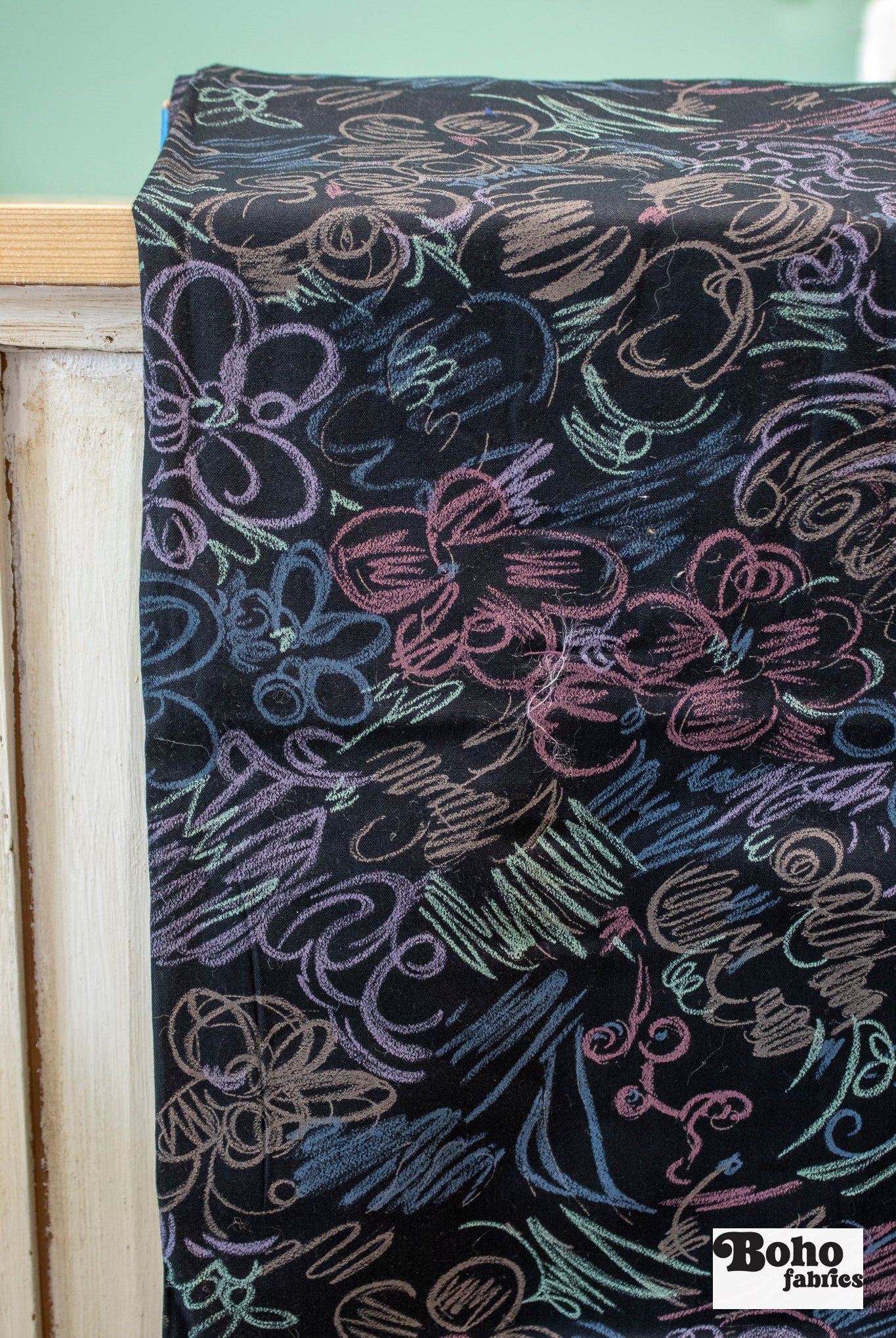 Chalkboard Scribbles, Vintage Woven Fabric - Boho Fabrics - Vintage Fabric