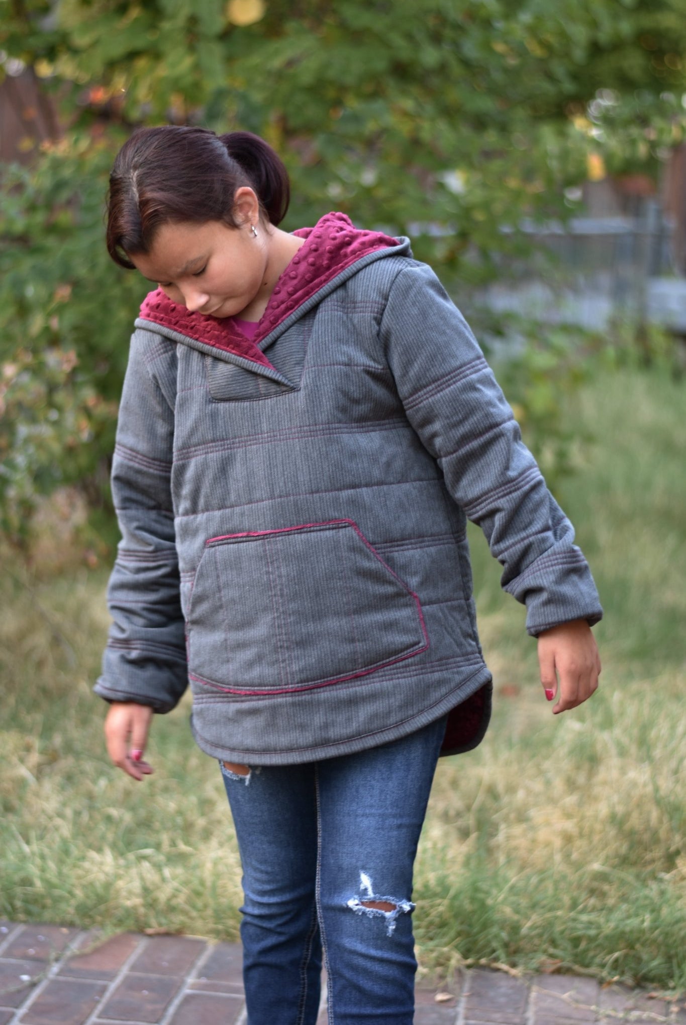 Charcoal & Maroon Herringbone, Suiting Fabric - Boho Fabrics - Suiting, Woven Fabric