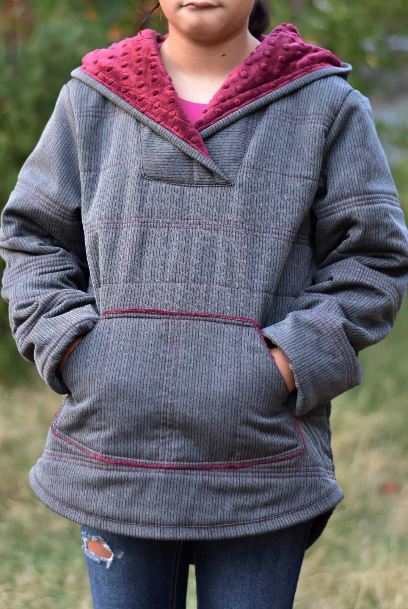 Charcoal & Maroon Herringbone, Suiting Fabric - Boho Fabrics - Suiting, Woven Fabric