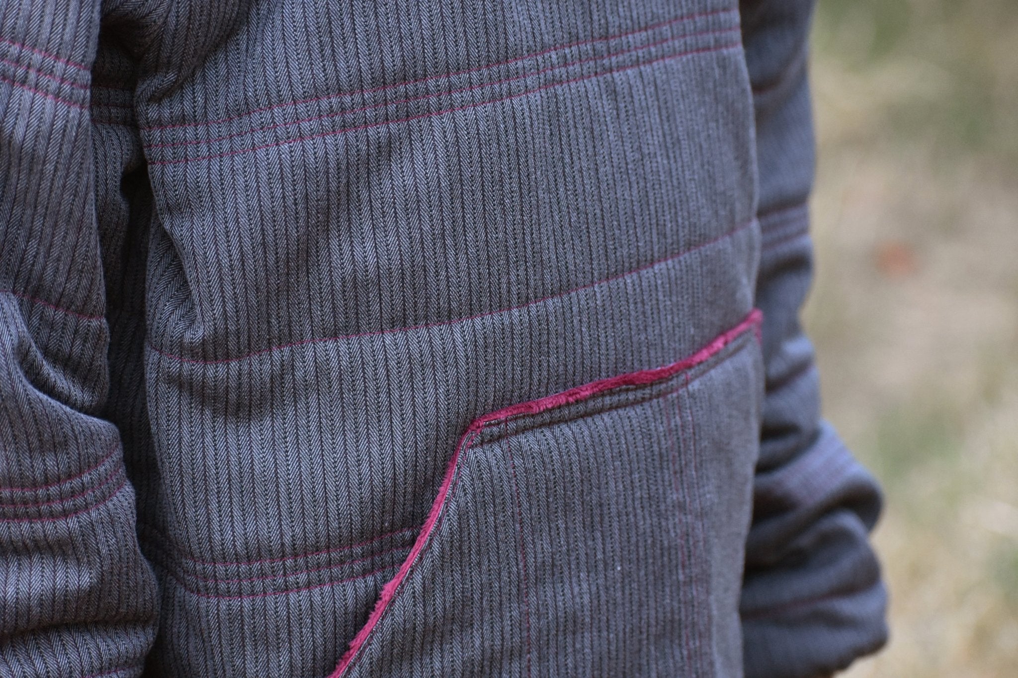 Charcoal & Maroon Herringbone, Suiting Fabric - Boho Fabrics - Suiting, Woven Fabric