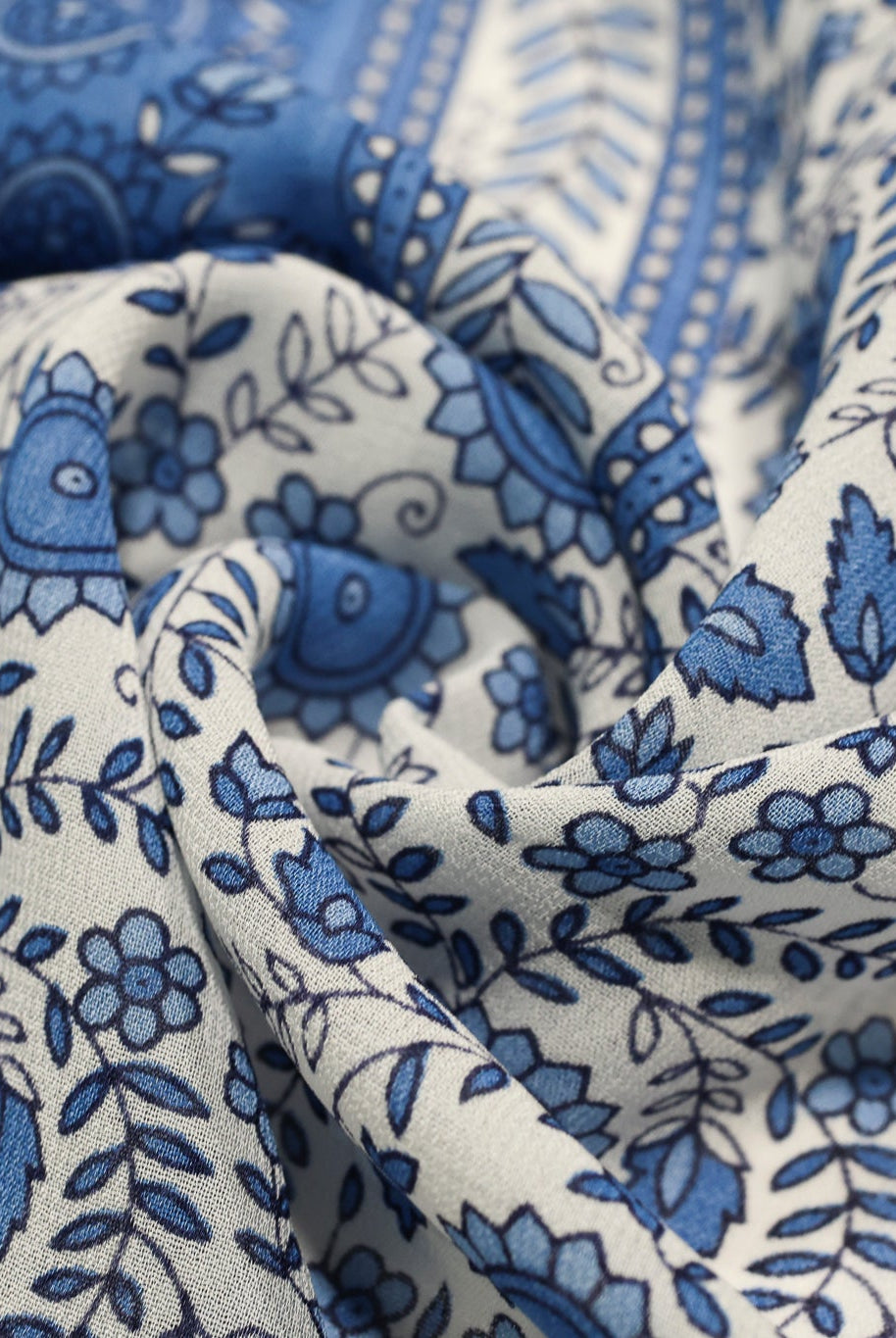 Charming Blue Botanical Silk Fabric Pre - Cuts - Boho Fabrics - Woven Fabric