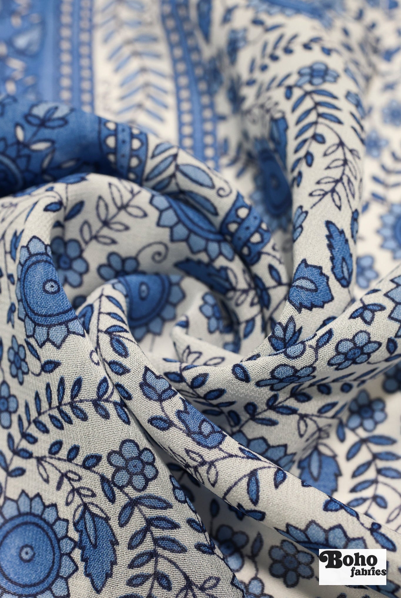 Charming Blue Botanical Silk Fabric Pre - Cuts - Boho Fabrics - Woven Fabric