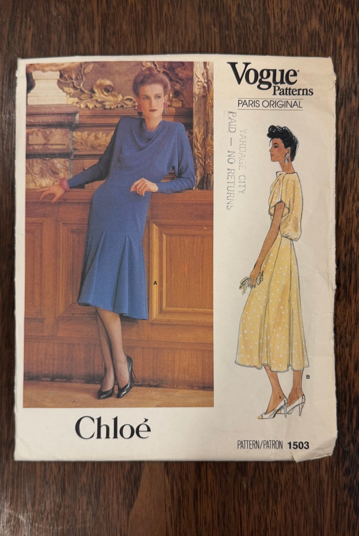 Chloé | Vogue Paris Original Sewing Pattern #1503 — Flared Dress with Draped Neckline & Blouson Back, Size 12, Vintage 1985 - Boho Fabrics - Sewing Patterns