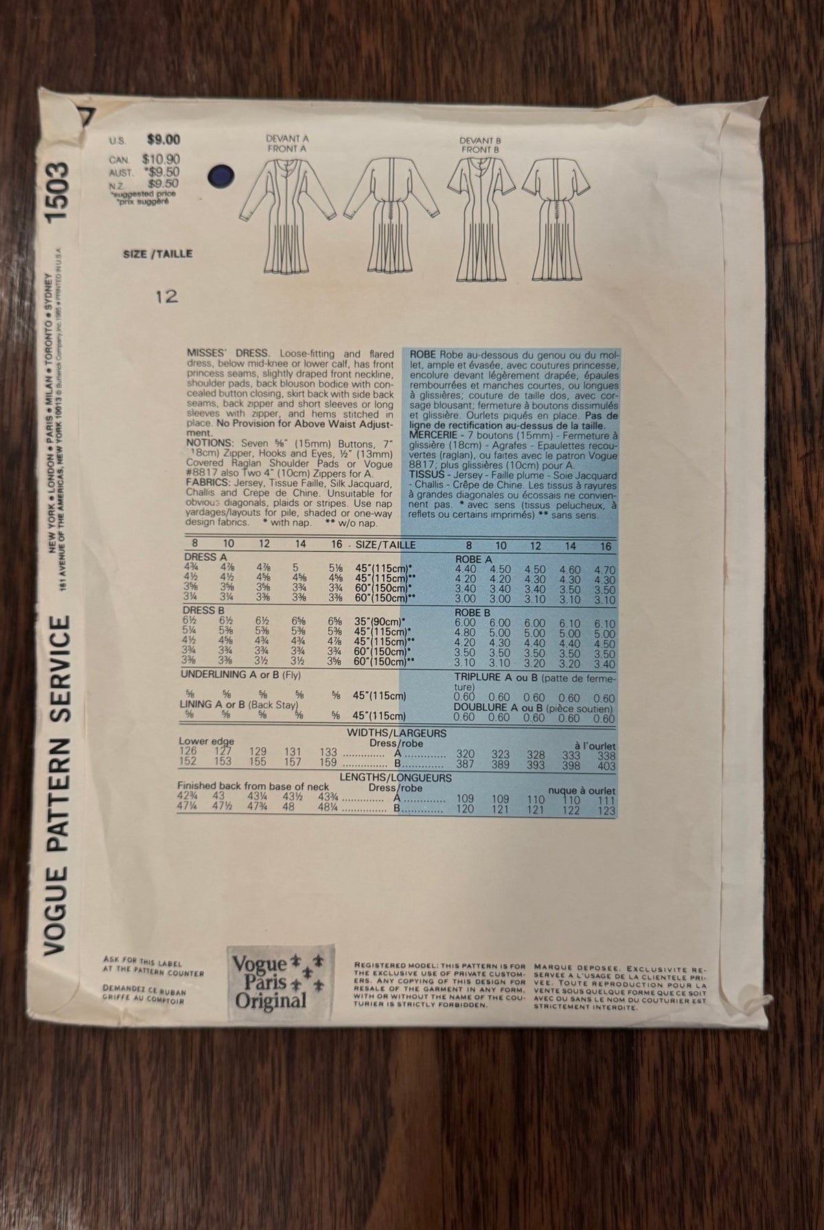 Chloé | Vogue Paris Original Sewing Pattern #1503 — Flared Dress with Draped Neckline & Blouson Back, Size 12, Vintage 1985 - Boho Fabrics - Sewing Patterns
