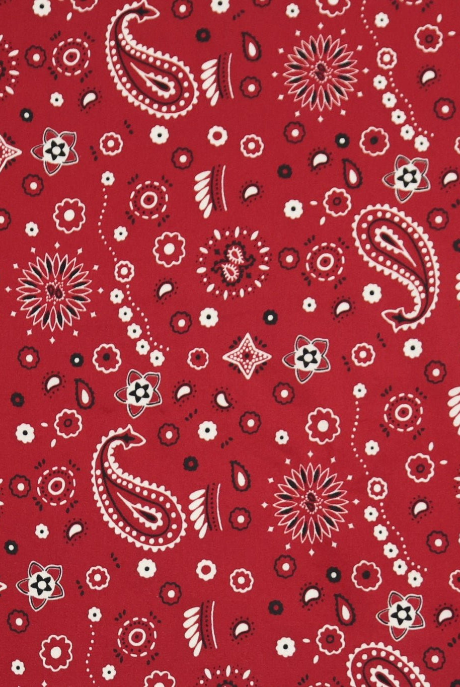 Classic Red, Black, and White Bandana Paisley Rayon Challis Woven Fabric - Boho Fabrics - Crepe, Woven