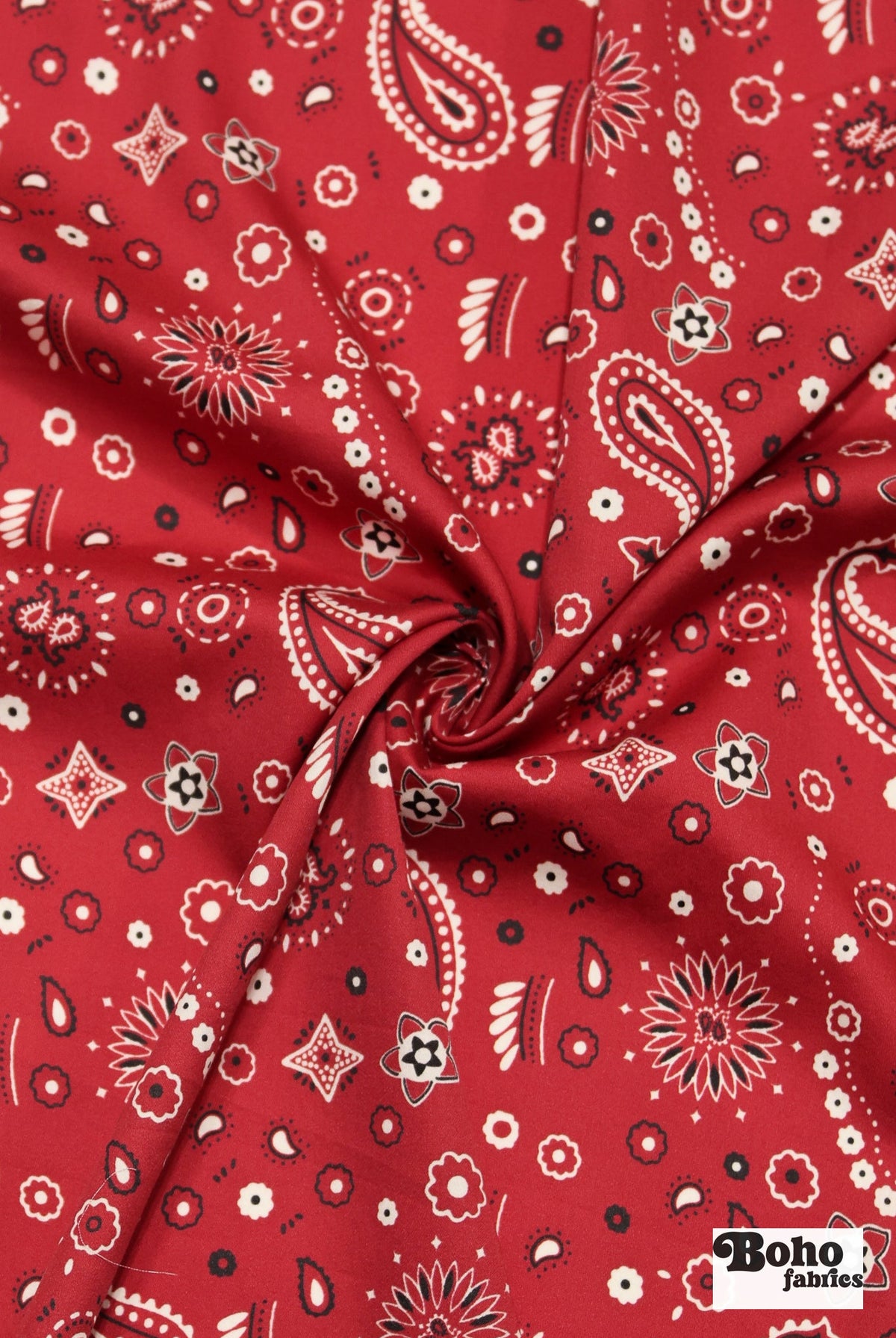 Classic Red, Black, and White Bandana Paisley Rayon Challis Woven Fabric - Boho Fabrics - Crepe, Woven
