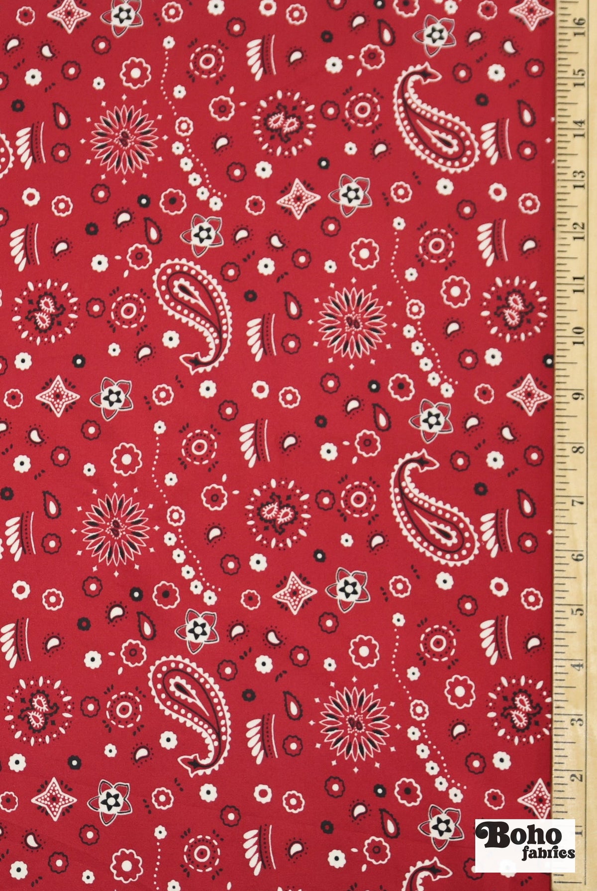 Classic Red, Black, and White Bandana Paisley Rayon Challis Woven Fabric - Boho Fabrics - Crepe, Woven