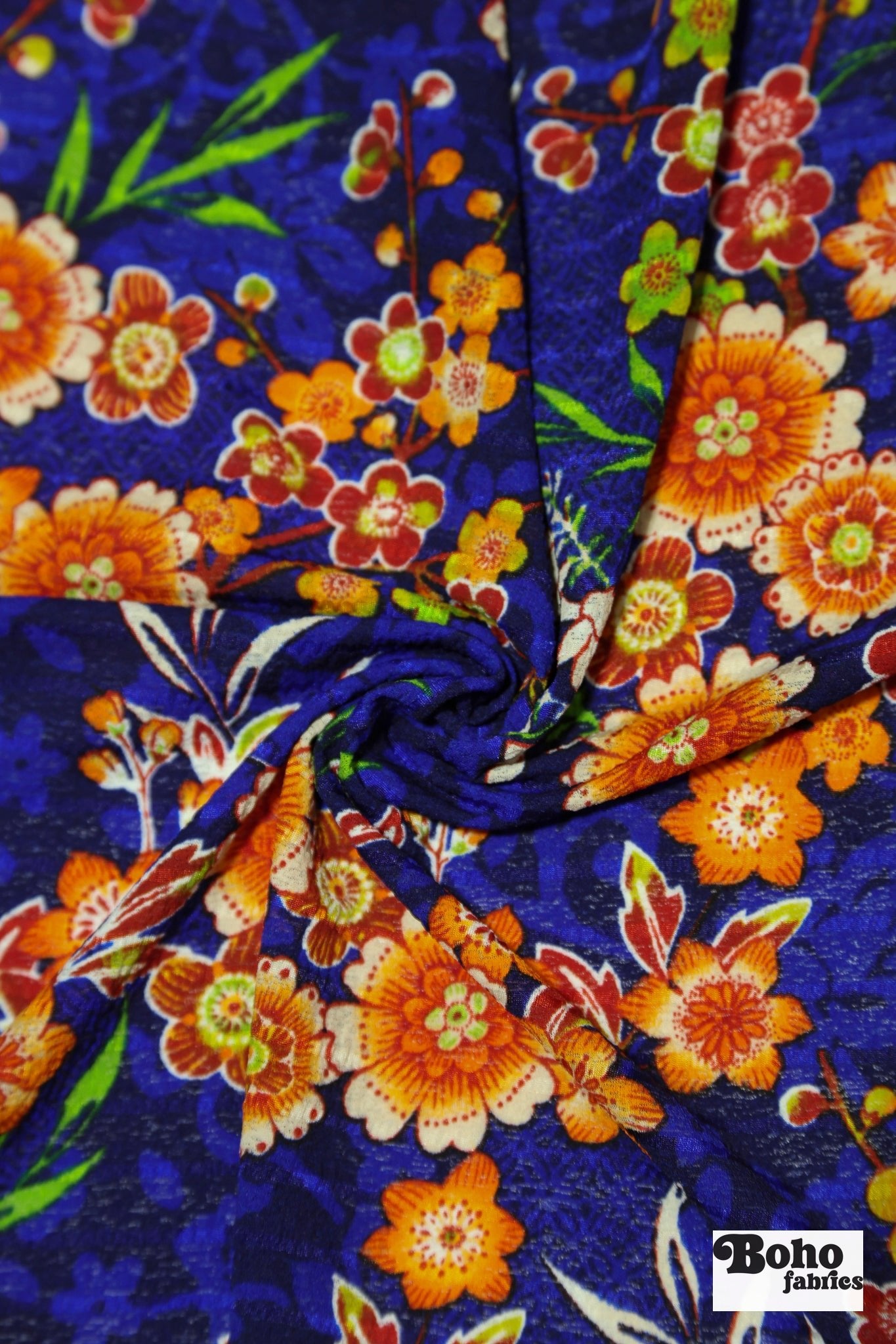 Cobalt Blue with Orange Blossoms, Shirred Knit Fabric - Boho Fabrics - Knit Fabric
