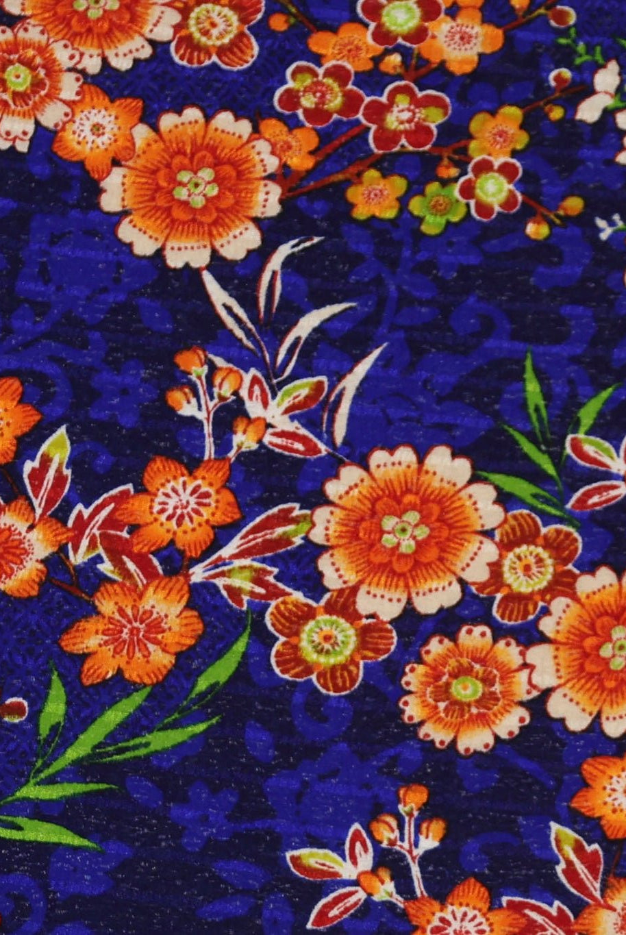 Cobalt Blue with Orange Blossoms, Shirred Knit Fabric - Boho Fabrics - Knit Fabric