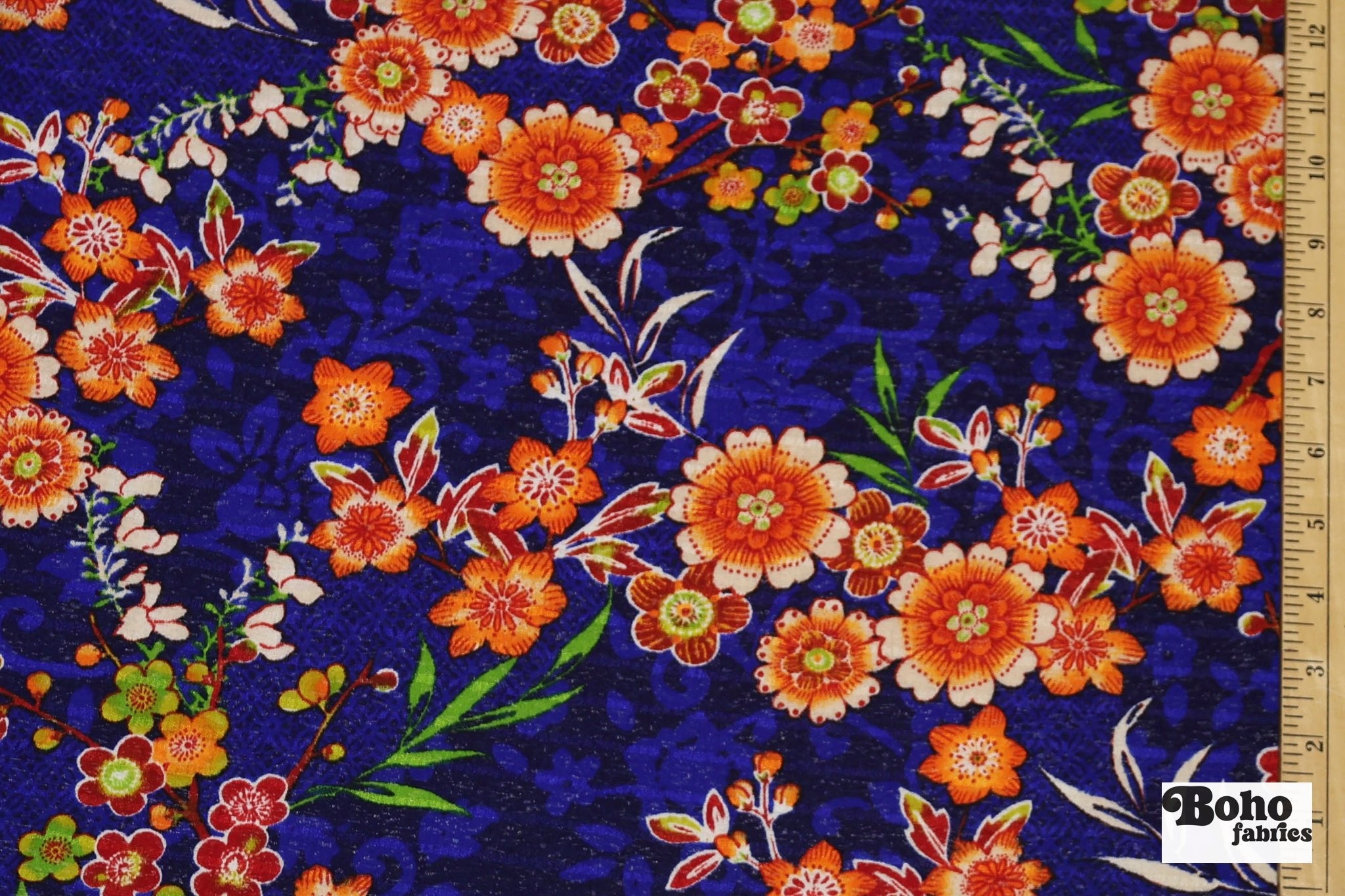 Cobalt Blue with Orange Blossoms, Shirred Knit Fabric - Boho Fabrics - Knit Fabric